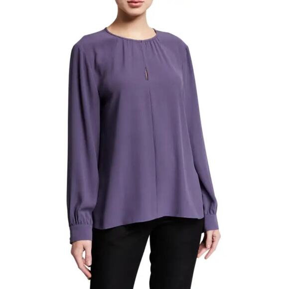 Eileen Fisher Tops - Eileen Fisher Slit Neck Purple Long Sleeve Georgette Silk Blouse size Medium New